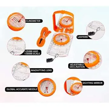 Sighting Compass Mirror Adjustable Declination - Boy Scout Compass Survival Camping | Base Plate Compass Kids Navigation | Orienteering Compass Hiking Map Reading Military Compass Backpacking Clinometers