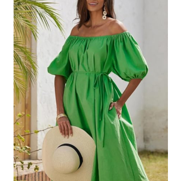 chouyatou Women Summer Beach Boho Puff Sleeve Dress Off Shoulder Casual Long Midi Shift Dress with Pockets (Large,Green)