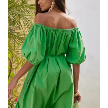 chouyatou Women Summer Beach Boho Puff Sleeve Dress Off Shoulder Casual Long Midi Shift Dress with Pockets (Large,Green)