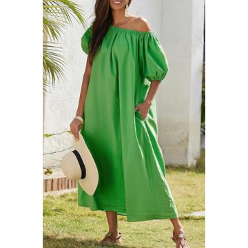 chouyatou Women Summer Beach Boho Puff Sleeve Dress Off Shoulder Casual Long Midi Shift Dress with Pockets (Large,Green)