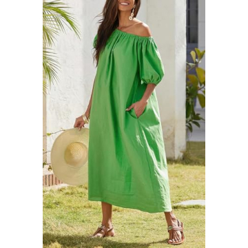 chouyatou Women Summer Beach Boho Puff Sleeve Dress Off Shoulder Casual Long Midi Shift Dress with Pockets (Large,Green)