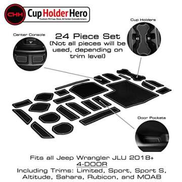CupHolderHero for Jeep Wrangler Accessories 2018-2021 Premium Custom Interior Non-Slip Anti Dust Cup Holder Inserts, Center Console Liner Mats, Door Pocket Liners 24-pc Set (4-Door) (Gray Trim)