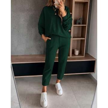 BTFBM Women's Two Piece Lounge Sets Fall Winter Sweatsuits Long Sleeve Sweatshirt Pants Jogger Tracksuit Outfits Pockets(Solid Dark Green, Small)