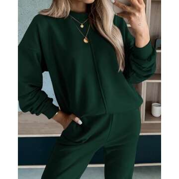 BTFBM Women's Two Piece Lounge Sets Fall Winter Sweatsuits Long Sleeve Sweatshirt Pants Jogger Tracksuit Outfits Pockets(Solid Dark Green, Small)