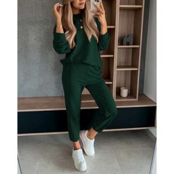 BTFBM Women's Two Piece Lounge Sets Fall Winter Sweatsuits Long Sleeve Sweatshirt Pants Jogger Tracksuit Outfits Pockets(Solid Dark Green, Small)