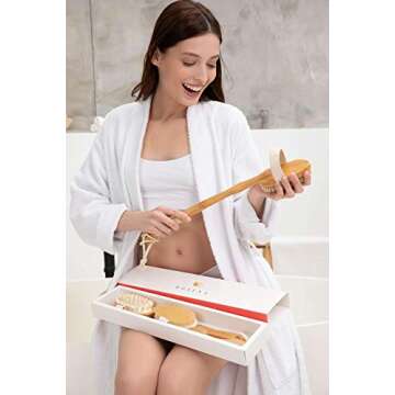 Dry Brushing Body Brush Set – Natural Bristle Spa Exfoliator Kit with Face Cleansing Brush, Long Dry Brushing Body Brush for Lymphatic Drainage & Massaging Cellulite Brush for Smooth, Radiant Skin