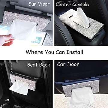 iliensa Bling Auto Sun Visor Napkin Holder, Sparkling Crystal Diamond Leather Paper Towel Cover Case Hanging Car Visor Tissue Holder Car Accessories Universal Fit (Black)