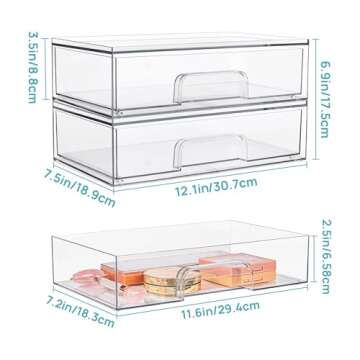 Vtopmart 12.1''W Clear Stackable Storage Drawers,3 Pack Acrylic Plastic Organizers Bins for Makeup Palettes, Cosmetics, and Beauty Supplies,Ideal for Vanity, Bathroom,Cabinet,Desk Organization