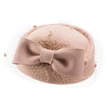 Lawliet Womens Dress Fascinator Wool Felt Pillbox Hat Party Wedding Bow Veil A080 (Camel)