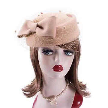 Lawliet Womens Dress Fascinator Wool Felt Pillbox Hat Party Wedding Bow Veil A080 (Camel)