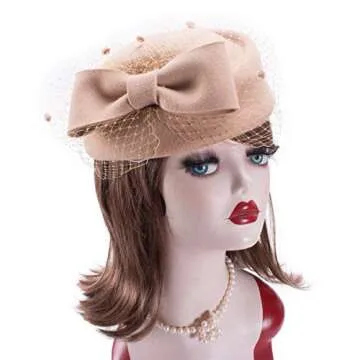Lawliet Womens Dress Fascinator Wool Felt Pillbox Hat Party Wedding Bow Veil A080 (Camel)