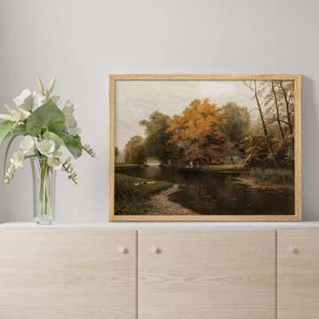 SIGNWIN Framed Autumn Fall Forest River Landscape Wall Art, Nature Wilderness Illustrations Wall Dec...