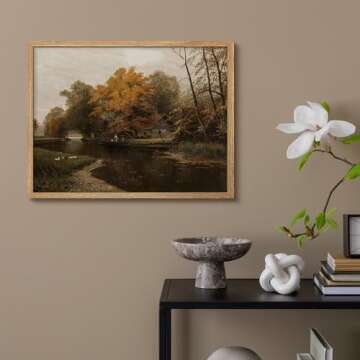 SIGNWIN Framed Autumn Fall Forest River Landscape Wall Art, Nature Wilderness Illustrations Wall Decor Prints, Antique Vintage Botanical Wall Décor for Living Room, Bedroom - 11"x14" Natural