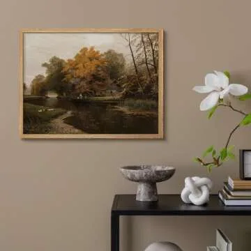 SIGNWIN Framed Autumn Fall Forest River Landscape Wall Art, Nature Wilderness Illustrations Wall Decor Prints, Antique Vintage Botanical Wall Décor for Living Room, Bedroom - 11"x14" Natural