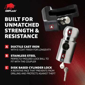 AMPLock - U-BRP2516 Heavy Duty Trailer Coupler Lock, 2 5/16" RV & Trailer Lock, Ball Coupler with Straight Lip, Anti-Theft RV Locks & Trailer Protection with Push and Lock System, Ideal Trailer Locks