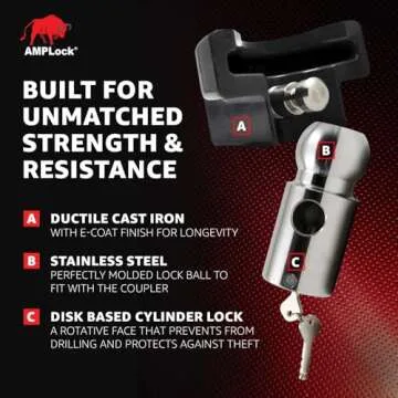 AMPLock - U-BRP2516 Heavy Duty Trailer Coupler Lock, 2 5/16" RV & Trailer Lock, Ball Coupler with Straight Lip, Anti-Theft RV Locks & Trailer Protection with Push and Lock System, Ideal Trailer Locks