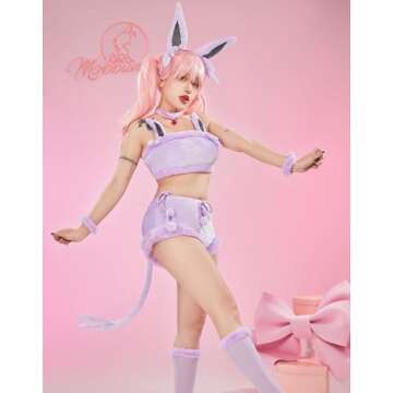 Mobbunny Women Cartoon Cosplay Pajamas Set Purple Flannel Sleeveless Crop Top and Shorts Loungewear Halloween Christmas