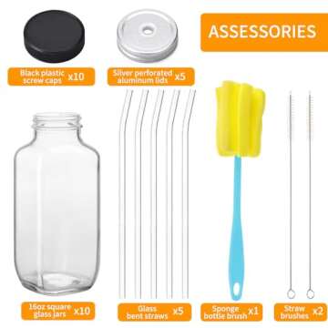 CUCUMI 10pcs 16oz Glass Juice Bottles with Lids, Reusable Juice Containers Drinking Jars Water Cups with Brush, Glass Straws, Lids with Hole