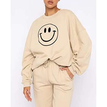 Cioatin Women’s Oversize Fleece Smile Graphic Sweatshirt Crewneck Drop Shoulder Loose Fit Pullover Jumper Jacket Apricot