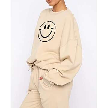 Cioatin Women’s Oversize Fleece Smile Graphic Sweatshirt Crewneck Drop Shoulder Loose Fit Pullover Jumper Jacket Apricot