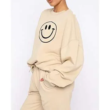 Cioatin Women’s Oversize Fleece Smile Graphic Sweatshirt Crewneck Drop Shoulder Loose Fit Pullover Jumper Jacket Apricot