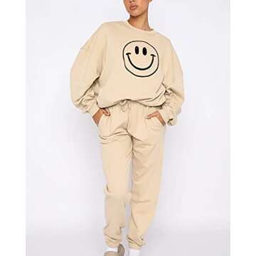 Cioatin Women’s Oversize Fleece Smile Graphic Sweatshirt Crewneck Drop Shoulder Loose Fit Pullover Jumper Jacket Apricot