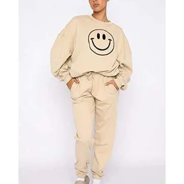 Cioatin Women’s Oversize Fleece Smile Graphic Sweatshirt Crewneck Drop Shoulder Loose Fit Pullover Jumper Jacket Apricot
