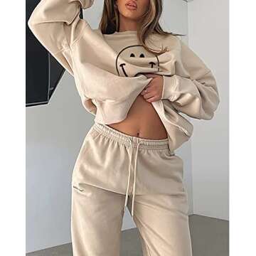 Cioatin Women’s Oversize Fleece Smile Graphic Sweatshirt Crewneck Drop Shoulder Loose Fit Pullover Jumper Jacket Apricot