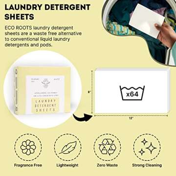ECO ROOTS Laundry Detergent Sheets 64 loads | ECO FRIENDLY Unscented Sheets, Laundry Sheet, Liquidless Travel Size Laundry Strips Detergent, Washer Sheets, Zero Waste Plastic Free Sustainable Products
