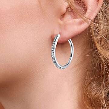 YUQIGG Silver Hoop Earrings, Fashion CZ Cubic Zirconia Rhinestone Hoops White Gold Plated Hoop Earrings for Women Gifts 1.38in