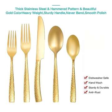 Flatasy Silverware Set Gold Hammered Pattern Flatware Cutlery Stainless Steel Mirror Polished Utensil 20-Piece Spoons Forks and Knives Dishwasher Safe Service for 4