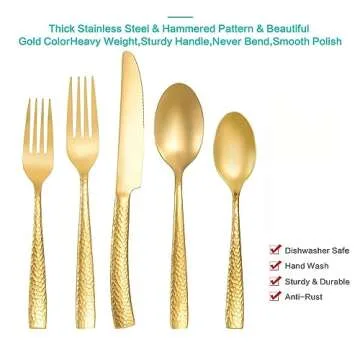 Flatasy Silverware Set Gold Hammered Pattern Flatware Cutlery Stainless Steel Mirror Polished Utensil 20-Piece Spoons Forks and Knives Dishwasher Safe Service for 4