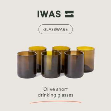 IWAS Upcycled Olive Drinking Glasses Set of 6 | Eco-Friendly Dark Brown Glasses | Perfect for Cockta...