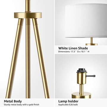 ALLDIO Tripod Floor Lamps for Living Room, Modern Standing Lamp with Drum Shade, Simple Industrial Tall Lamp, 9W LED Bulb Included - Brass