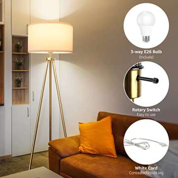 ALLDIO Tripod Floor Lamps for Living Room, Modern Standing Lamp with Drum Shade, Simple Industrial Tall Lamp, 9W LED Bulb Included - Brass
