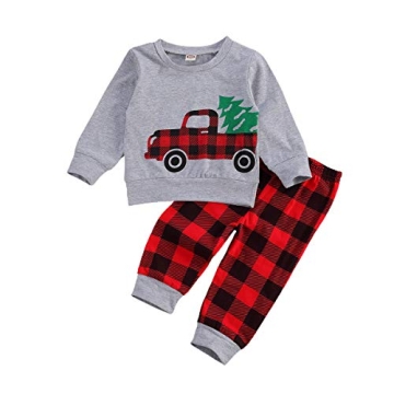 Arvbitana Toddler Baby Boy Girl Long Sleeve Cotton Plaid Pullover Sweatshirt + Trousers Two Piece Ou...