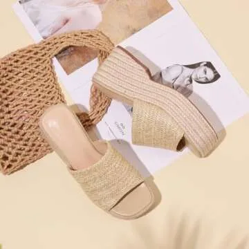 EQAUDES Platform Slip on Espadrille Sandals for Women Wedges Slides Bohemia Sandals Flatform Open Toe Beach Sandals