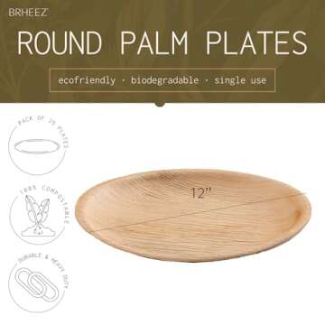 brheez Palm Leaf Party Plates 25 Ct 12 Inch Eco Friendly Compostable Biodegradable Elegant Bamboo Lo...