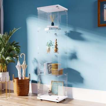 FANYUSHOW Curio Cabinets with Glass Doors, Display Case Shelf for Collectibles, 4 Shelves Glass Display Cabinet for Living Room, Home, 64.7" H x 16.7" L x 14" W White