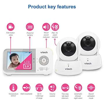 VTech VM923-2 Baby Monitor, 2.8”Screen, 1000ft Range, Pan-Tilt-Zoom, Night Vision, 2-Way Audio, Te...