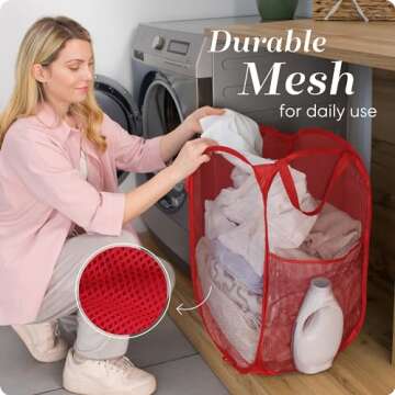 Handy Laundry Collapsible Mesh Pop Up Hamper with Wide Opening and Side Pocket – Breathable, Sturdy, Foldable, and Space-Saving Design for Clothes and Storage. (Red)