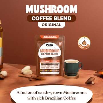 Pella Nutrition Organic Mushroom Instant Coffee (60 Servings) with 7 Superfood Mushrooms, Great Tasting, Includes Lion's Mane, Reishi, Chaga, Cordyceps, Shiitake, Maitake, and Turkey Tail