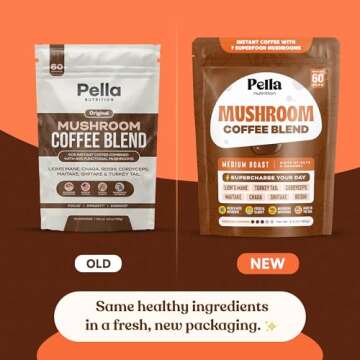 Pella Nutrition Organic Mushroom Instant Coffee (60 Servings) with 7 Superfood Mushrooms, Great Tasting, Includes Lion's Mane, Reishi, Chaga, Cordyceps, Shiitake, Maitake, and Turkey Tail