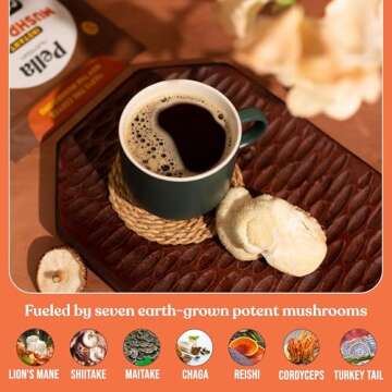 Pella Nutrition Organic Mushroom Instant Coffee (60 Servings) with 7 Superfood Mushrooms, Great Tasting, Includes Lion's Mane, Reishi, Chaga, Cordyceps, Shiitake, Maitake, and Turkey Tail