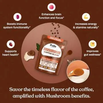 Pella Nutrition Organic Mushroom Instant Coffee (60 Servings) with 7 Superfood Mushrooms, Great Tasting, Includes Lion's Mane, Reishi, Chaga, Cordyceps, Shiitake, Maitake, and Turkey Tail