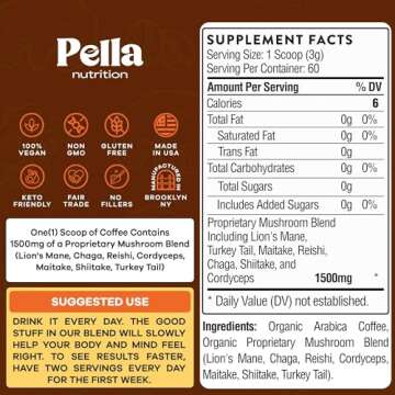 Pella Nutrition Organic Mushroom Instant Coffee (60 Servings) with 7 Superfood Mushrooms, Great Tasting, Includes Lion's Mane, Reishi, Chaga, Cordyceps, Shiitake, Maitake, and Turkey Tail