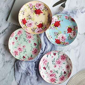BTaT- Dessert Plates, Deep Plates, 8 inch, Set of 4, Porcelain Bone China, Appetizer Plates, Floral ...