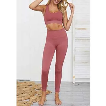 MEIVSO Women's Yoga Workout Set 2 Pcs Seamless Outfits Gym Leggings and Sports Bra Pink S