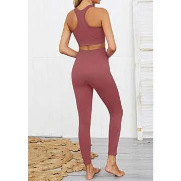 MEIVSO Women's Yoga Workout Set 2 Pcs Seamless Outfits Gym Leggings and Sports Bra Pink S