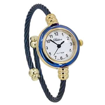 Blekon Collections Women's Cuff Watch - Round Analog Display Arabic Numbers 23mm Case Wire Bracelet Watch for Women Elegant Cable Cuff Bangle Wrist Watch (Gold/Navy)